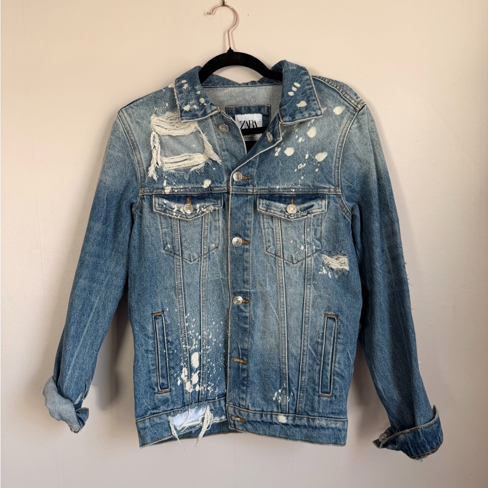 Zara Distressed Denim Jacket Bleach Splatter Cropped Size Small - Picture 3 of 10